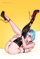 amy_(jirs) bbc-chan blue_hair female fishnet_shirt fishnets high_heels horns oni oni_horns red_eyes red_horns solo