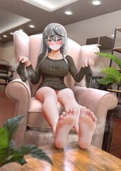 absurdres andy2465 bare_legs barefoot black_hair black_socks blush breasts couch feet female foot_focus foreshortening grey_hair hair_ornament highres holding hololive hololive_japan holox large_breasts legs long_hair looking_at_viewer medium_hair multicolored_hair red_eyes sakamata_chloe smell socks socks_removed soles steaming_body streaked_hair table toes virtual_youtuber x_hair_ornament