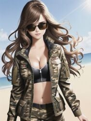 ai_generated army_uniform beach bra breasts brown-tinted_eyewear brown_hair camo cleavage female large_breasts long_hair navel open_jacket original original_character shmebulock36 smiling solo sunglasses tinted_eyewear wavy_hair