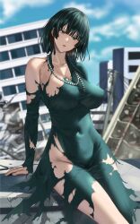 1girls amamimem bangs belly belly_button big_breasts breasts busty city cleavage clothed clothing collarbone curvaceous curvy curvy_body curvy_female curvy_figure curvy_hips dark_green_hair dress eye_contact eyelashes female fringe front_view fubuki_(one-punch_man) fuooooo green_eyes green_hair highres hips hourglass_figure huge_breasts large_breasts legs legs_together light-skinned_female light_skin lips lipstick looking_at_viewer medium_hair midriff navel necklace nipple_bulge one-punch_man open_mouth outside pearl_necklace ripped ripped_dress shiny_skin short_hair sitting skin_tight skirt sky slim slim_waist solo thick_thighs thighs thin_waist tight_clothing voluptuous waist wide_hips