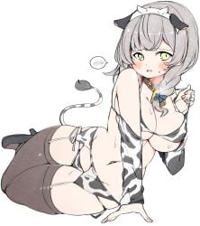 animal_ears animal_print bangs bell bikini blush braid breasts cleavage cow_ears cow_horns cow_print cow_tail cowbell detached_sleeves female garter_belt garter_straps green_eyes high_heels hololive hololive_fantasy hololive_japan horns kuma_no_bansoukou large_breasts looking_at_viewer navel shirogane_noel short_hair side-tie_bikini_bottom single_braid solo sweatdrop swimsuit tail thighhighs virtual_youtuber