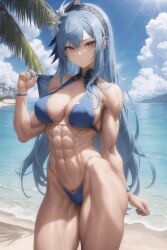 abs ai_generated anime_style beach biceps black_headband blue_bikini blue_bracelet blue_hair cloud eula_(genshin_impact) flowers_in_hair genshin_impact looking_at_viewer muscular_female nai_diffusion nipples_visible_through_clothing ocean palm_tree solo_female stable_diffusion thunder_thighs tropical