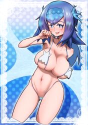 2022 aged_up big_breasts bikini blue_background blue_eyes blue_hair blue_theme blush cosplay game_freak huge_breasts lana_(pokemon) mob_face mochy nintendo pokemon pokemon_(cosplay) pokemon_sm solo tagme wishiwashi wishiwashi_(cosplay)