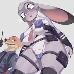 1boy 1girls anthro big_breasts bikini bikini_uniform breasts cervina7_(artist) clothed_male clothing female female_focus fox gun highleg_bikini holster judy_hopps lagomorph large_breasts looking_at_self looking_down male necktie nick_wilde pistol police_uniform pouch rabbit revealing_clothes skimpy skimpy_clothes string_bikini surprised swimsuit thick_thighs uniform wide_hips zootopia