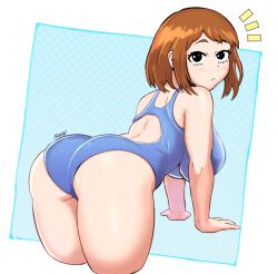 1girls 2d ass back back_view brown_hair bubble_butt female female_only highres hips huge_ass huge_breasts light-skinned_female my_hero_academia ochako_uraraka short_hair slim_waist snowbox swimsuit thick_thighs thighs wedgie wide_hips