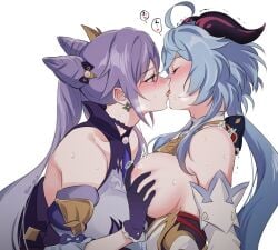 2girls bangs barefoot blue_hair blush breast_grab breasts closed_eyes female female_only ganqing ganyu_(genshin_impact) genshin_impact gloves goat_horns grabbing hair_ornament keqing_(genshin_impact) kissing large_breasts long_hair multiple_girls negom nipples purple_hair sidelocks sweat tongue yuri