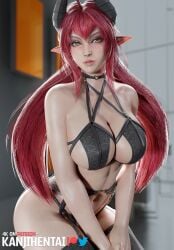 3d 3d_render big_breasts blush bra busty garter_belt garter_straps kanjihentai lingerie looking_at_viewer original_character ponytail red_hair secretary sinia stockings succubus succubus_horns yellow_eyes