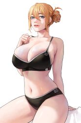 1girls 2022 arm_behind_back bangs bare_shoulders big_breasts black_panties black_sports_bra blue_eyes blush breasts cleavage cocoro_moto collarbone feet_out_of_frame female hair_bun hand_on_own_chest highres huge_breasts looking_at_viewer medium_hair mole mole_under_mouth navel open_mouth orange_hair original panties parted_lips sitting solo sports_bra underwear white_background