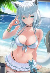 animal_ears aqua_eyes bangs bare_shoulders beach bikini blue_sky blush breasts cleavage collarbone cyicheng female fox_ears fox_girl fox_shadow_puppet fox_tail grey_hair hair_between_eyes hololive hololive_gamers hololive_gen_1 hololive_japan large_breasts long_hair looking_at_viewer microskirt navel ocean shirakami_fubuki skirt sky smile solo swimsuit tail thighs virtual_youtuber white_bikini white_skirt