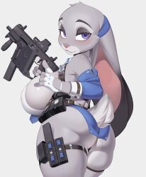 1girls anthro ass badge big_ass big_breasts breasts bubble_butt cervina7_(artist) clothing female female_focus female_only gun huge_breasts judy_hopps kriss_vector lagomorph large_breasts looking_at_viewer looking_back police_uniform pouch rabbit sideboob skimpy_clothes solo submachine_gun thick_thighs uniform weapon wide_hips zootopia