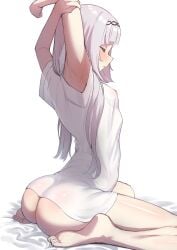 aged_up ajishio_(loli_king) arched_back arms_up ass barefoot bottomless breasts closed_mouth covered_nipples feet female from_side grey_hair highres hololive hololive_gen_2 hololive_japan long_hair murasaki_shion naked_shirt shirt short_sleeves sitting small_breasts solo stretching virtual_youtuber wariza white_background white_shirt