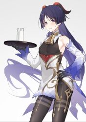 1boy blush bodysuit cowbell crossdressing fake_horns femboy ganyu_(genshin_impact)_(cosplay) genshin_impact girly_boy long_hair looking_at_viewer otoko_no_ko purple_eyes purple_hair scaramouche_(genshin_impact) serving_drink serving_milk sweatdrop tagme trap