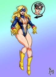 blonde_female blonde_hair body_swap cleavage cleavage_cutout dc dc_comics electricity female gender_transformation genderswap_(mtf) jason_todd red_hood_(dc) rule_63 shocking_suzi superheroine tagme