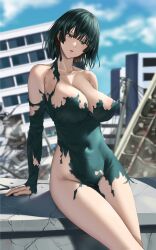 1girls amamimem areola areolae bangs bare_shoulders belly belly_button big_breasts breasts busty city cleavage clothed clothing collarbone curvaceous curvy curvy_body curvy_female curvy_figure curvy_hips dark_green_hair dress eye_contact eyelashes female fringe front_view fubuki_(one-punch_man) fuooooo green_eyes green_hair highres hips hourglass_figure huge_breasts large_breasts legs legs_together light-skinned_female light_skin lips lipstick looking_at_viewer medium_hair midriff navel necklace nipples one-punch_man open_mouth outside pearl_necklace ripped ripped_dress shiny_skin short_hair sitting skin_tight sky slim slim_waist solo thick_thighs thighs thin_waist tight_clothing torn_clothes voluptuous waist wide_hips