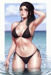 april_(sciamano240) artist_name artist_signature bikini bikini_bottom bikini_top black_bikini black_bikini_bottom black_bikini_top black_hair blush hi_res looking_at_viewer mirco_cabbia oc original original_character reflection sciamano240 water water_reflection watermark