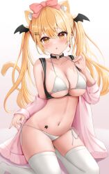 absurdres animal_ears bangs bare_shoulders bikini black_choker blonde_hair breasts cat_ears cat_girl cat_tail choker cleavage collarbone female halterneck highres hololive hololive_gen_1 hololive_japan jacket kemonomimi_mode large_breasts long_hair long_sleeves looking_at_viewer navel off_shoulder open_clothes open_jacket parted_lips pink_jacket side-tie_bikini_bottom simple_background solo stomach strap_pull string_bikini swimsuit tail thighhighs thighs twintails uni_ikura untied untied_bikini virtual_youtuber white_background white_thighhighs yellow_eyes yozora_mel