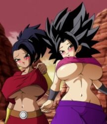 2girls alternate_breast_size barely_contained big_breasts black_eyes black_hair blush breasts bursting_breasts caulifla cleavage clothes colored dragon_ball dragon_ball_super dragon_ball_z dragonball-in-color earrings edit female_saiyan hair_over_one_eye hourglass_figure huge_breasts kale kuuga_318 large_breasts light-skinned_female light_skin lipstick looking_at_viewer looking_down multiple_girls navel nipple_bulge nipples outdoors pants ponytail saiyan shirt shirt_lift skindentation skirt smile spiky_hair tan-skinned_female tan_skin tubetop underboob universe_6 universe_6/universe_7