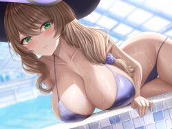 1girls abp_art bikini breasts brown_hair cleavage female genshin_impact hat large_breasts large_hat light-skinned_female light_skin lisa_(genshin_impact) long_hair massive_breasts purple_bikini thick_thighs thighs wet wet_body wide_hips witch_hat