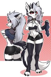 animal_ears anthro ass black_nose breasts centinel303 clothing collar covering cute_fangs demon demon_girl ear_piercing eyebrow_piercing eyebrow_ring facial_piercing fangs female female_only fur furry furry_only grey_body grey_fur grey_hair hellhound helluva_boss inner_ear_fluff long_hair looking_at_viewer loona_(helluva_boss) navel piercing red_sclera spiked_collar tail tongue tongue_out undressing white_body white_eyes white_fur wolf_ears