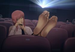 1girls barefoot black_neckwear blurred_background blurry_background chainsaw_man chair collared_shirt crossed_legs dirty_feet feet female foot_fetish foot_focus hand_on_lips hand_on_own_face highres kidetic kusujinn lips long_sleeves makima_(chainsaw_man) movie_theater no_shoes red_hair shushing sitting soles toes white_shirt yellow_eyes