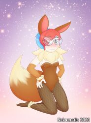 animal_ears blue_hair blush bunnysuit eevee eevee_(cosplay) glasses neck_fur nekomatic pantyhose penny_(pokemon) pokemon pokemon_(cosplay) pokemon_sv red_hair small_breasts tail two_tone_hair