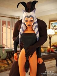 1boy 1girls 3d ahsoka_tano airress3d_(3d-modeller) alien alien_girl alien_humanoid big_penis black_leotard blue_eyes bunny_ears clone_wars dark-skinned_male female imminent_sex interracial interspecies large_penis leotard looking_at_viewer male orange_body orange_skin penis star_wars tentacle_hair the_clone_wars:_season_seven thearti3d thigh_sex togruta