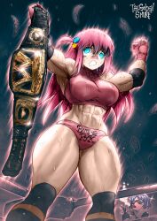 2girls abs aqua_eyes arms_up bocchi_the_rock! championship_belt color female female_only funny funny_face goes_hard gotou_hitori hi_res light-skinned_female light_skin long_hair long_hair_female money muscles muscular muscular_female pink_hair pink_hair_female thegoldensmurf thick_thighs wavy_eyes wavy_mouth wrestling wrestling_outfit wrestling_ring wwe wwe_championship_belt