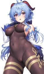 :o armwear ass ass_visible_through_thighs bare_shoulders blue_hair bodystocking bodysuit breasts brown_bodysuit cameltoe covered_navel covered_nipples cowbell ganyu_(genshin_impact) genshin_impact gloves hand_on_leg horn horns lambda_(kusowarota) looking_at_viewer medium_breasts navel navel_line navel_visible_through_clothes nipples nipples_visible_through_clothing no_bra no_panties no_underwear pantyhose purple_eyes pussy_visible_through_clothes red_horns see-through see-through_bodysuit see-through_clothing sideboob simple_background skin_tight striped_legwear thick_thighs thigh_strap thighs very_long_hair viewed_from_below white_background