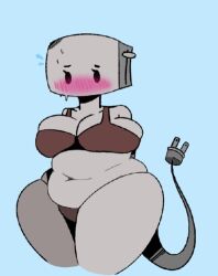 anthro artist_request big_breasts bikini bikini_bottom bikini_top black_eyes blue_background blushing chubby chubby_female fat grey_body huge_breasts huge_thighs inanimate large_breasts large_hips robot robot_girl source_request sweat toaster