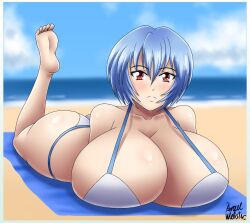 ass ass_bigger_than_head azraelwebster beach big_ass big_breasts bikini blue_hair bob_cut breast_press breasts breasts_bigger_than_head bubble_butt fat_ass_teen feet gigantic_ass gigantic_breasts huge_ass huge_breasts hyper hyper_breasts large_breasts legs_up looking_at_viewer neon_genesis_evangelion red_eyes rei_ayanami swimsuit teenager thick_thighs towel white_bikini wide_hips