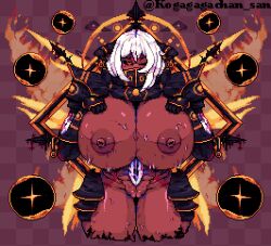 1girls abs armor big_breasts black_sclera breast_squeeze breasts calamity_mod dark_skin detail_af giantess gigantic_breasts goddess horns horny horny_female huge_breasts hyper hyper_breasts kogagagachan-san_(onnagaki) large_breasts muscular_female nipples pixel_art providence_the_profaned_goddess pussy self_upload solo solo_female sweat terraria vagina watermark white_hair wings