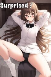 1boy 1femboy 1male ai_generated androgynous armure balls balls_in_panties bed bedroom black_bow black_panties blush bottomless bow bowtie brown_eyes brown_hair bulge bulge_through_clothing edited erect_penis erection erection_under_clothes femboy feminine_male glasses hand_on_head hands_behind_head imminent_sex long_hair lying lying_on_back lying_on_bed nai_diffusion on_back on_bed one_leg_raised one_leg_up otoko_no_ko panties penis_bulge penis_in_panties penis_under_clothes shirt sissy socks sole sole_male solo solo_focus stable_diffusion submissive_male surprise tagme teasing testicles_in_panties text trap twink underwear white_shirt white_socks