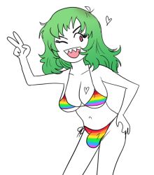 1futa big_breasts breasts bulge chibi female female_only green_hair monochrome original original_character peace_sign penis_bulge pride_color_clothing pride_colors red_eyes sesameseedfun sharp_teeth solo_female string_bikini swimsuit tattoo white_background wink