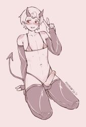 demon demon_tail latex_gloves latex_thighhighs monochrome nipples oni_horns panties penis pinkorino solo solo_male