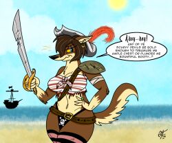 2016 anthro beach blue_eyes breasts brown_body brown_fur canid canine canis clothed clothing digital_media_(artwork) english_text female fur hair looking_at_viewer lucy_lupa mammal melee_weapon narrowed_eyes pinup pirate_hat pirate_outfit pose seaside ship smile solo sword text thick_thighs topwear unclescooter vehicle watercraft weapon wolf yellow_sclera