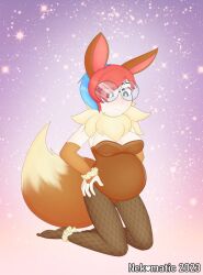 animal_ears big_belly blue_hair blush bunnysuit eevee eevee_(cosplay) glasses medium_breasts neck_fur nekomatic pantyhose penny_(pokemon) pokemon pokemon_(cosplay) pokemon_sv pregnant pregnant_female ready_to_pop red_hair short_hair tail two_tone_hair