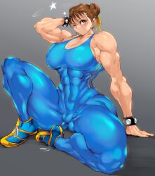 1girls big_breasts bodysuit bracelet brown_eyes brown_hair cameltoe capcom chun-li female female_only jin-jin jin_jin muscular_female nipples pussy shoes sitting solo street_fighter street_fighter_alpha