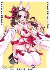 alternate_costume brown_hair bunny_ears bunny_girl bunny_tail cleavage demon_slayer detached_sleeves earrings facial_scar female female_only full_body genderswap_(mtf) hair_ribbon hakama hakama_skirt highleg_panties japanese_clothes kamado_tanjirou kimetsu_no_yaiba kneeling long_hair looking_at_viewer okobo panties ponytail red_eyes rule_63 sideboob smile solo taiga thighhighs white_legwear white_thighhighs year_of_the_rabbit