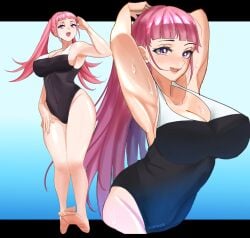 alternate_hairstyle armpits arms_behind_back arms_up barefoot big_breasts black_one-piece_swimsuit black_swimsuit blunt_bangs ceroccb cleavage clothed feet female fire_emblem fire_emblem:_three_houses hair_down hilda_valentine_goneril looking_at_viewer naked one-piece_swimsuit pink_hair soles sweating swimsuit thick_thighs toes twintails