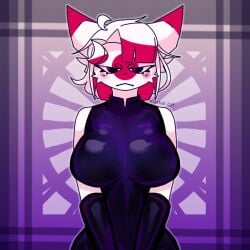 1girls angry bangs big_breasts black_clothing black_gloves blush cat_ears clothing countryhumans countryhumans_girl gloves japan_(countryhumans) markai_cat short_hair two_tone_hair white_fur