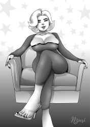 1girls absurd_res big_breasts black_and_white black_nail_polish black_nails blonde_hair busty cleavage cleavage_cutout cleavage_overflow crossed_legs curvy earrings feet heels hi-fi_rush hi_res high_heels lipstick mature_female milf mimosa mole_under_eye nzuri(alkebulian) open_toe_shoes pedicure seductive toes xbox_game_studios