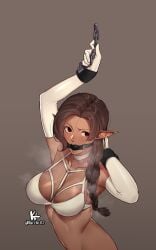 1girls absurdres artist_name blush bondage bra braid breasts broken broken_chain brown_background brown_hair chains choker cleavage dark-skinned_female dark_elf dark_skin dildo dildo_gag elbow_gloves elf female female_only femsub from_above gag gagged gloves highres k52 long_hair medium_breasts one_eye_closed original pointy_ears red_eyes revealing_clothes simple_background single_braid skimpy solo underwear uzga white_bra white_choker white_gloves