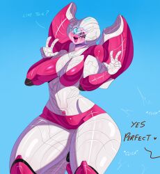 1girls arcee arcee_(g1) ass big_ass big_breasts big_butt blue_eyes breasts dialogue english_text female female_only glowing_eyes huge_ass huge_breasts lipstick one_eye_closed peace_sign pink_lipstick robot robot_girl solo solo_female tayronnebr tayuri text thick_thighs transformers voluptuous voluptuous_female