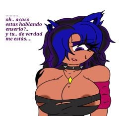 1girls big_breasts blue_hair dark_skin female leona_(powerblueflower) oc original_character powerblueflower purple_eyes tagme