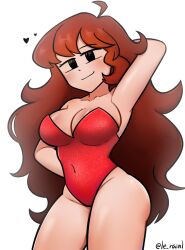 bare_shoulders breasts cleavage costume erainnn friday_night_funkin girlfriend_(friday_night_funkin) hand_behind_head heart large_breasts long_hair mob_face smile thick_thighs