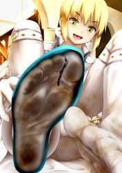 1boy 1girls blonde_hair boots brown_hair cg17 clothed clothing crush digital_media_(artwork) dirty_socks fate/grand_order fate_(series) female foot_fetish foot_focus footwear giantess green_eyes hi_res inside_shoe jacket long_hair male miniguy nero_claudius_(fate) smell socks stuck