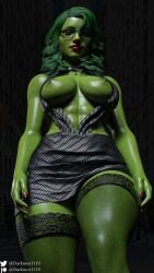 1girls 3d 3d_(artwork) abs artist_name big_breasts breasts breasts_out darkmen3110 dress female female_only glasses green-skinned_female green_body green_hair green_nipples green_skin hi_res high_resolution highres hulk_(series) lipstick low-angle_view marvel marvel_comics necklace nipples painted_nails patreon_username she-hulk solo solo_female stockings thick_thighs thighs toned toned_female twitter_username veins