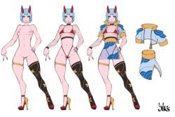 amy_(jirs) blue_hair female fishnet_shirt fishnets high_heels horn horns jirs oni oni_horns outfit_reference red_eyes red_horns thighhighs