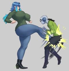 1boy 1boy1girl 1girls artist_self-insert ballbusting big_breasts blue_hair boots breasts cbt clothing cock_and_ball_torture crotch_kick faceless_male fully_clothed_female fully_clothed_male gray_background grey_skin hourglass_figure huge_breast huge_breasts jeans kicking kicking_balls large_breasts light-skinned_female light_skin long_hair massive_breasts nipples_visible_through_clothing original original_character ponytail self_insert smaller_male spacezin thick_thighs zoe_(spacezin)