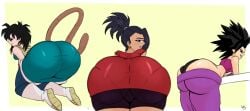 3girls ass bent_over big_ass black_hair caulifla dragon_ball dragon_ball_super dragon_ball_z female fully_clothed gine kale lewdpunch milf mother panties pantylines saiyan